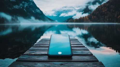 Modern Smartphone at Peaceful Alpine Lake Dock