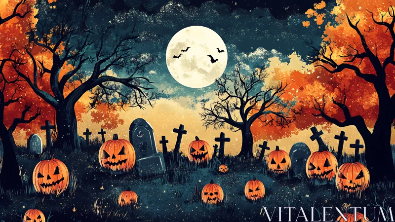 Lunar-lit pumpkin graveyard with stylized spectral foliage panorama.