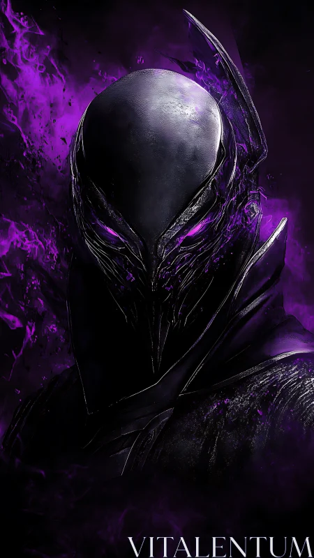 Shadowed alien warlord emerges amid burning violet ether