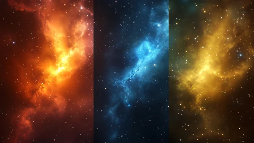 Cosmic color triptych of glowing nebula clouds in starlight.