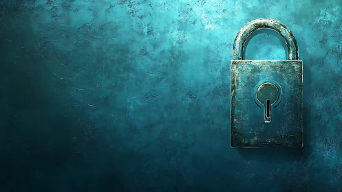 Weathered teal padlock against textured grunge wall.