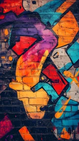 Bold geometric street mural on urban brick wall surface.