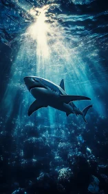 Sunlit titan shark gliding through deep sapphire cathedral.