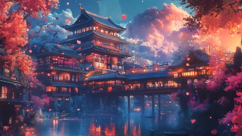 Digital painting of lantern-lit riverside pagoda complex at dusk.