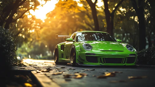 Lime green sports car glows under golden sunset trees.