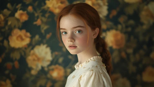 Redhead Girl Portrait With Vintage Floral Wallpaper.