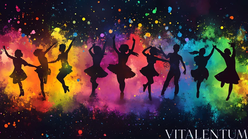 Silhouetted dancers move through vibrant rainbow color bursts