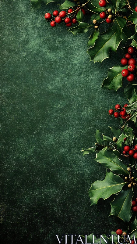 Photorealistic holly border on textured dark green backdrop.