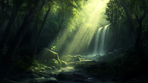 Hidden Waterfall in Ancient Forest.