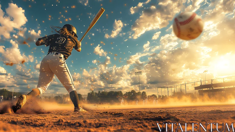 Baseball batter swings at incoming pitch on dusty infield