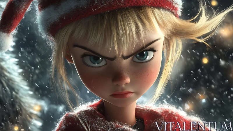 Defiant 3D girl in Santa hat glares through swirling snow
