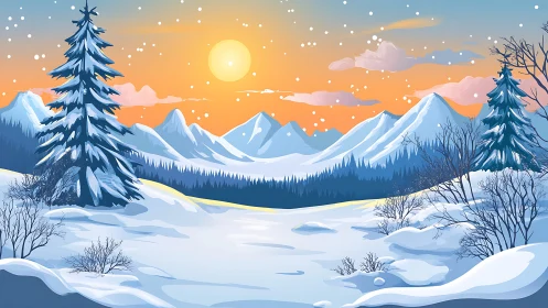 Sunlit alpine winter valley with snowy fir trees at dusk