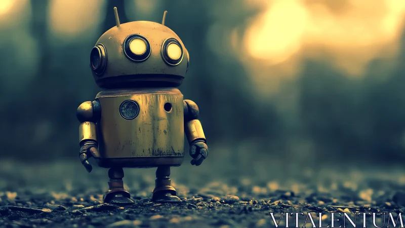 Lonely yellow robot gazes ahead in soft golden twilight.