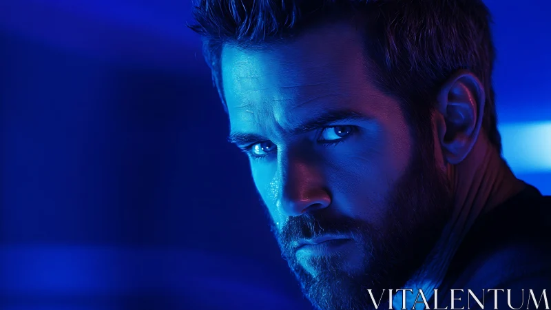 Cinematic male portrait under neon blue directional lighting