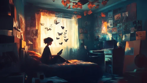 Girl reads in glowing bedroom as butterflies emerge from light.