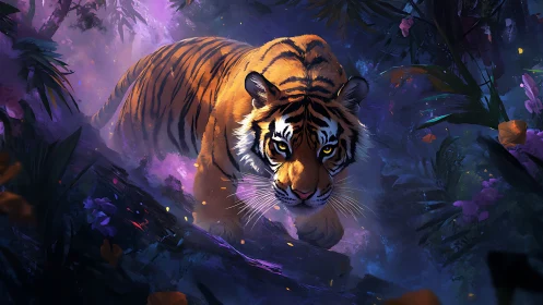 Tiger moving through dense forest under colored light.