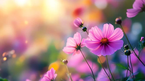 Pink cosmos flowers with selective focus depth of field. Warm sunset bokeh