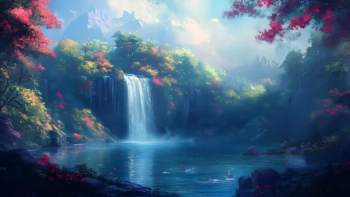 Celestial cascade over a twilight lake in painted bloom.