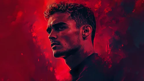 Brooding male portrait framed by intense crimson clouds.