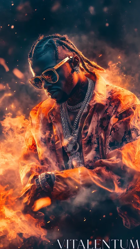 Portrait of braided man in flames with jewelry and glasses.