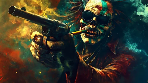 Skeletal gunman with revolver and glasses in vivid smoke.