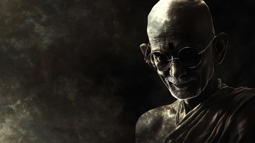 Elder monk portrait in deep shadowed golden light.