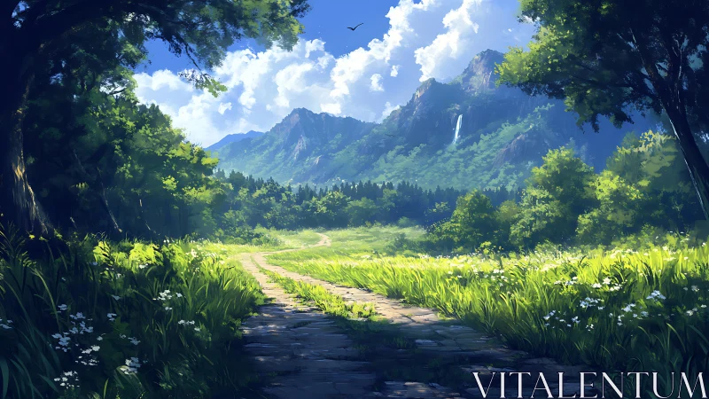 Alpine Valley Landscape: Verdant Canyon with Distant Waterfall and Mountain Peaks