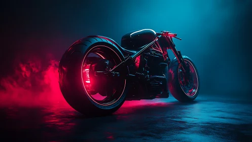 Custom motorcycle in neon red and blue cinematic lighting.