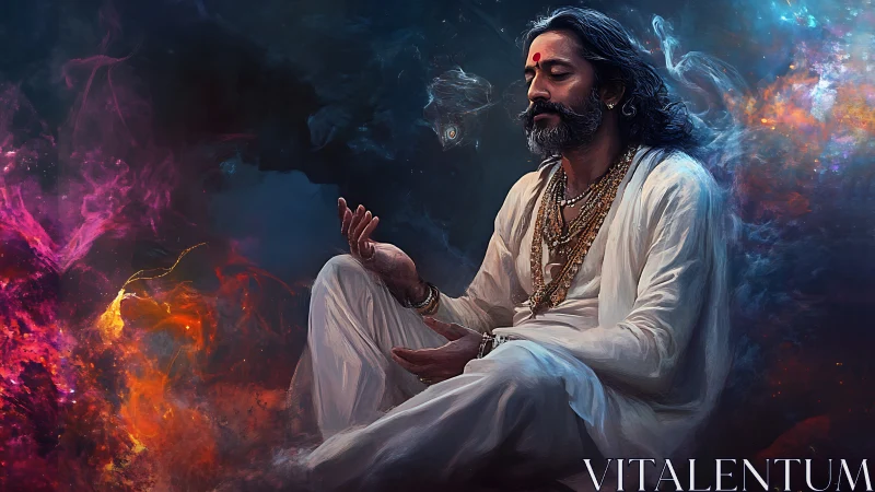 Cosmic mystic in white robes adrift between living nebulae.