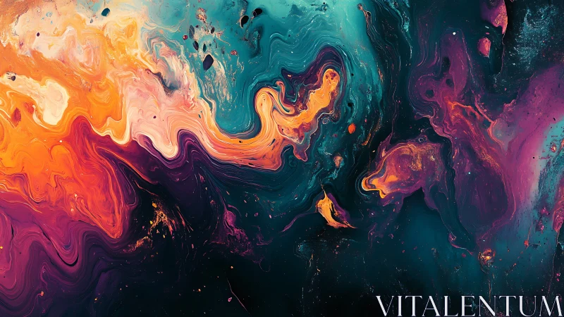 Vibrant fluid abstraction with teal, orange and violet forms.