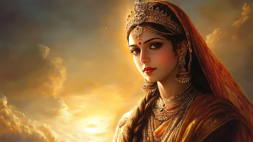 Regal Indian princess portrait in jeweled bridal finery at dusk
