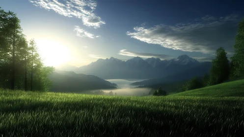 Sunrise over misty alpine valley with glowing green meadow.