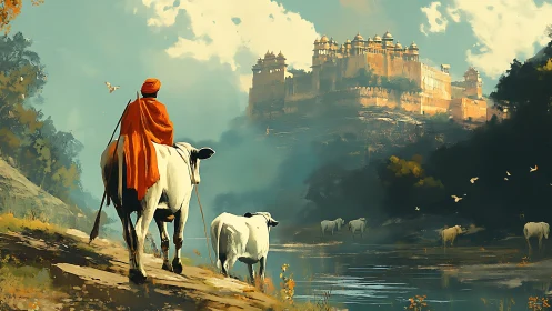 Pastoral river ascent toward fortified hilltop citadel panorama.