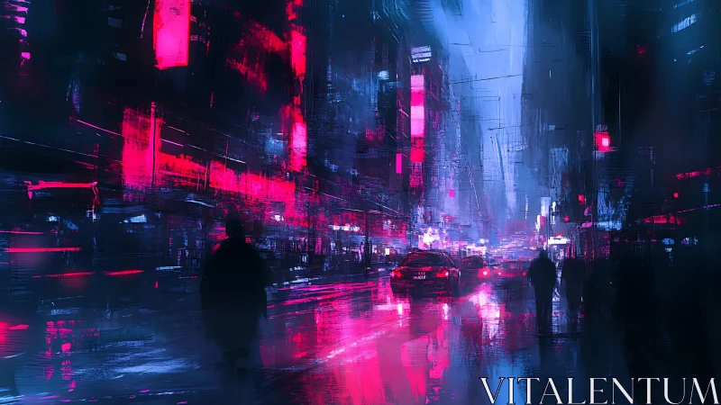 Neon-saturated cyberpunk avenue under reflective rain gloss.
