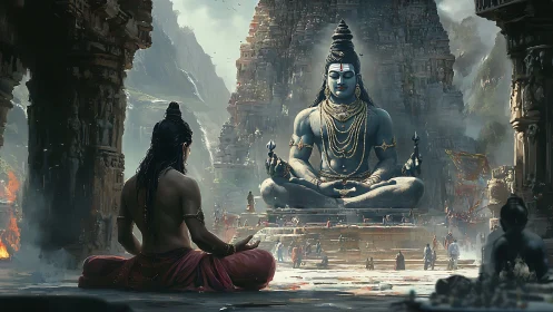Colossal Shiva statue dominates ancient mountain temple plaza.