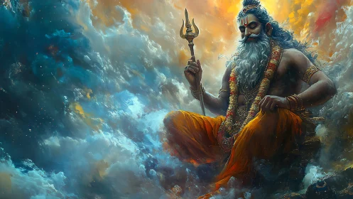 Storm-bright celestial sage resting within painted clouds.