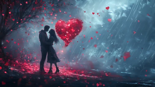 Passionate Embrace Beneath Crimson Heart's Rainfall.