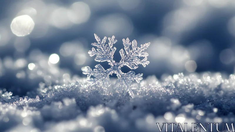 Macro snowflake crystal on glittering winter snowfield.