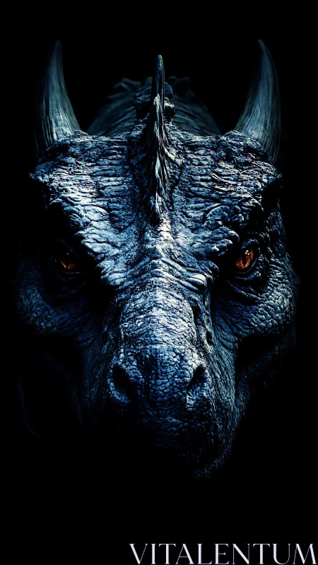 Monochrome blue dragon head portrait with horned frontal view