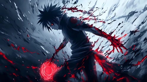 Dark-haired anime fighter with red energy and swirling debris.