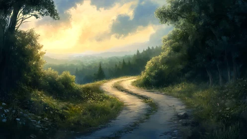 Forest Path Through Mountains at Golden Hour.