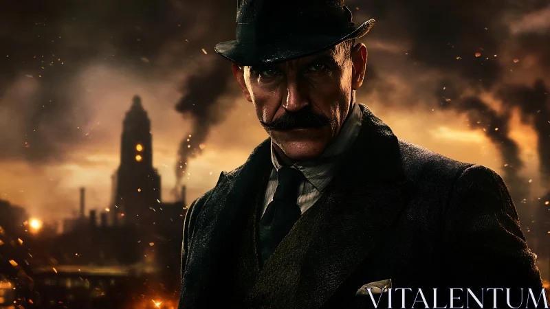 Victorian-era detective stands amid burning industrial skyline.