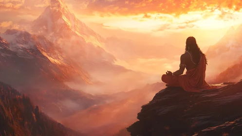 Solitary ascetic meditating above sunlit alpine valley at dawn