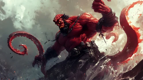 Monstrous red demon warrior with tentacles in storm surge