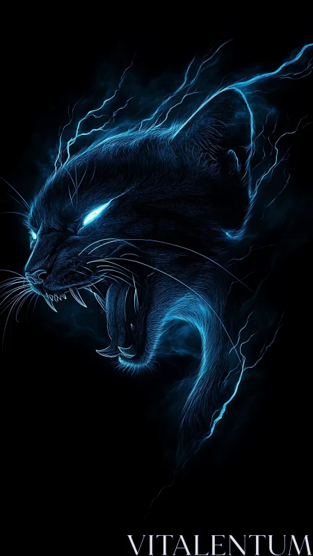 Electric blue panther roars from darkness with crackling power