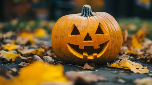 Carved jack o lantern glows among fallen autumn leaves.