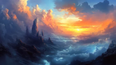 Sunrise citadel above the storm-swept cloud oceanscape.