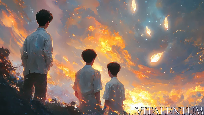 Three boys watch burning sky ignite drifting lights