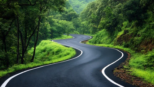 Curving mountain road winds through lush green forest landscape.