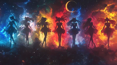 Starlit guardians stride through nebulae in chromatic procession